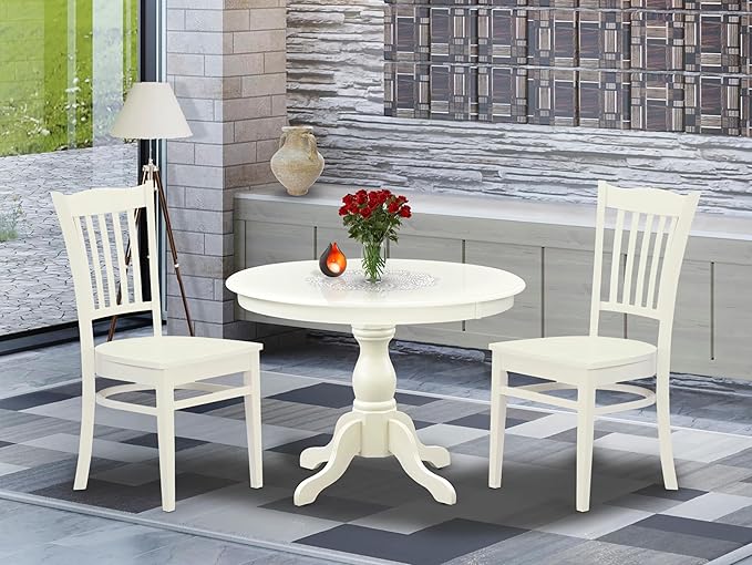 East West Furniture HBGR3-LWH-W 3 Piece Kitchen Table Set for Small Spaces Contains a Round Dining Table with Pedestal and 2 Dining Room Chairs, 42x42 Inch, Linen White