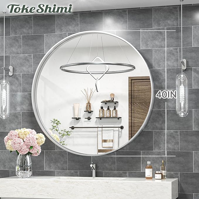 TokeShimi 40 Inch Round Silver Bathroom Vanity Mirror for Wall with Non-Rusting Aluminum Alloy Brushed Matte Metal Frame for Modern Minimalist Farmhouse Home Decor