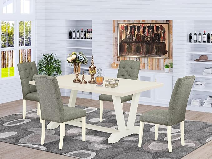 East West Furniture V027EL207-5 5 Piece Kitchen Table Set for 4 Includes a Rectangle Dining Table with V-Legs and 4 Gray Linen Fabric Parson Dining Room Chairs, 40x72 Inch, Multi-Color