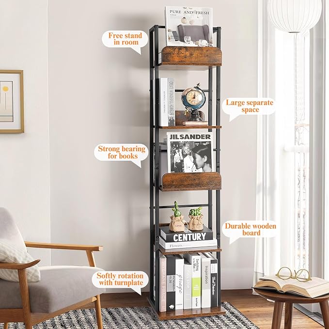 Bikoney Rotating Bookshelf, 360 Display Spinning Bookshelf Tower, 5-Tier Narrow Bookcase, Tall Industrial Book Shelf Organizer, Small Corner Book Shelves for Living Room, Black