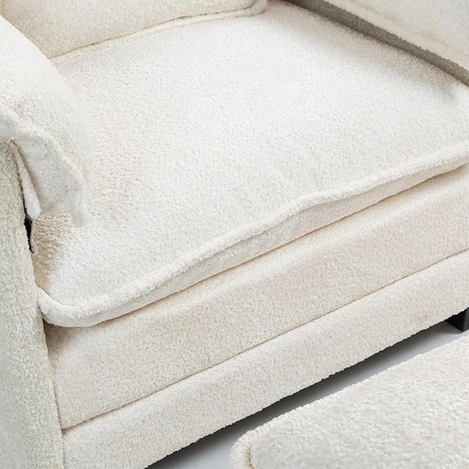 Furniliving Oversized Accent Chairs with Ottoman, Luxury Boucle Single Sofa, Upholstered Deep Seat Chaise Lounge with Pillows for Living Room, Bedroom, Apartment, Beige