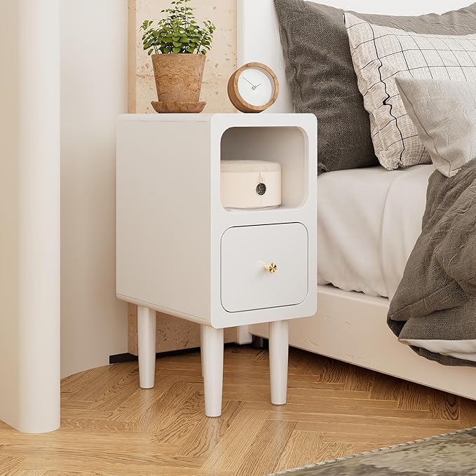 Narrow Nightstand, Solid Wood Night Stand with Drawers, White Mid Century Modern Nightstand, Small Beside Table with Open Storage Shelf for Bedroom (10 inch)