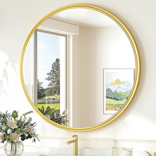 TokeShimi 30 in Round Framed Brushed Gold Mirror Bathroom Tempered, Shatterproof Mirror Circle 30x30 Farmhouse Aluminum Large Wall Mirrored for Vanity, Entryway, Bedroom, Restroom, Living Room