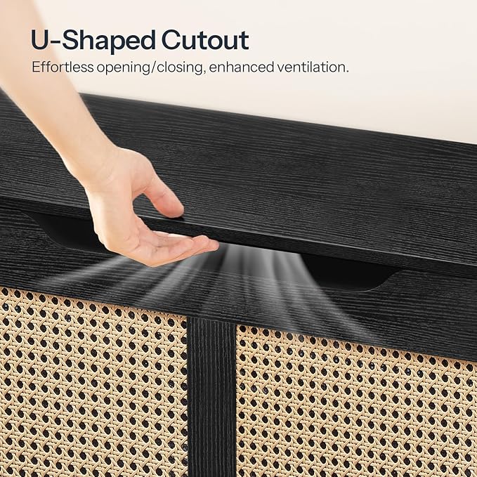 HOOBRO Storage Bench, 43.3" Toy Box, Rattan-Like Storage Chest, Sturdy Entryway Bench Supports 220 lb, Toy Chest, Safety Hinge, U-Shaped Opening, Easy Assembly, Black BB22CW01