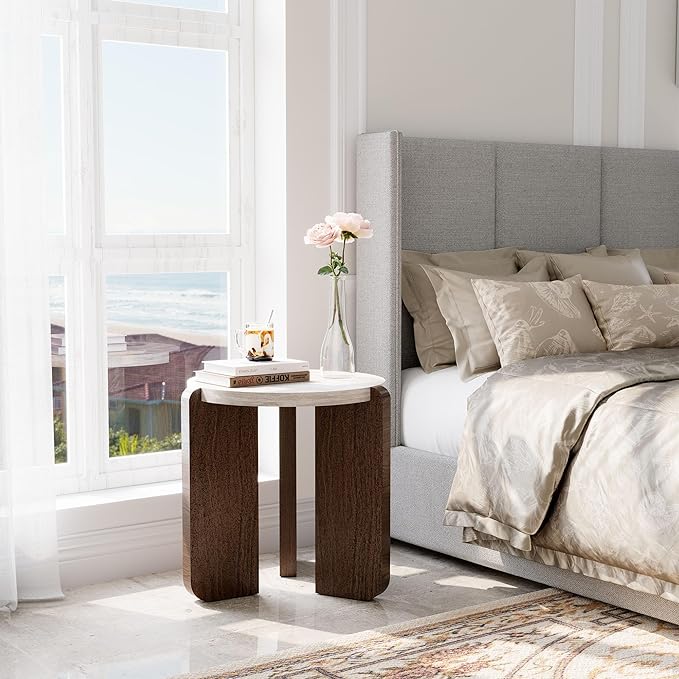 COSIEST Small Round Side Table, Modern 3-Leg Accent End Table with Faux Marble Wood Top and Wood-Like Legs, Nightstand for Living Room, Bedroom, Office, Cream White & Dark Brown,17.7”Dia. x 18.9”H