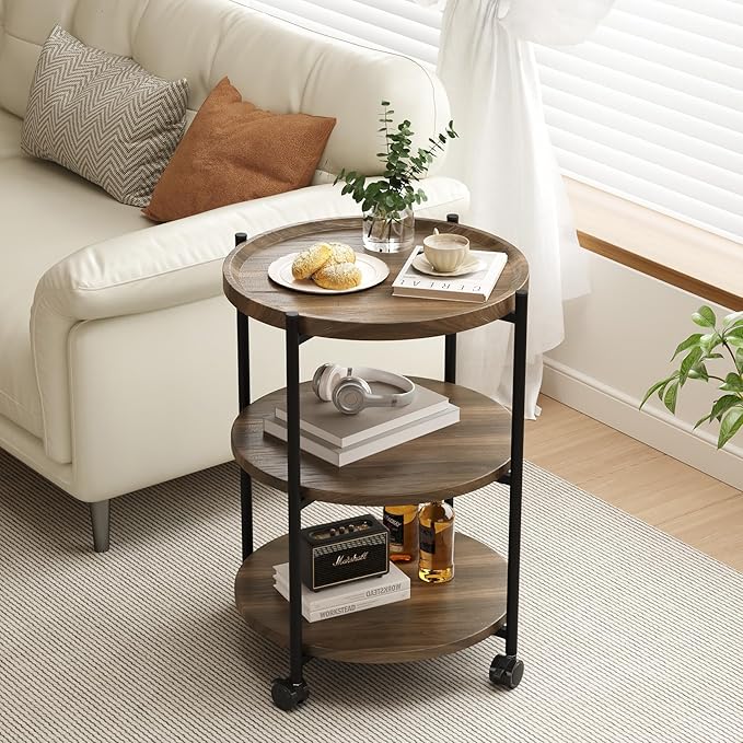 Side Table, 3-Tier Modern End Table with Wheels, Small Round Nightstand Bedside Table for Living Room, Bedroom, or Small Spaces-Walnut