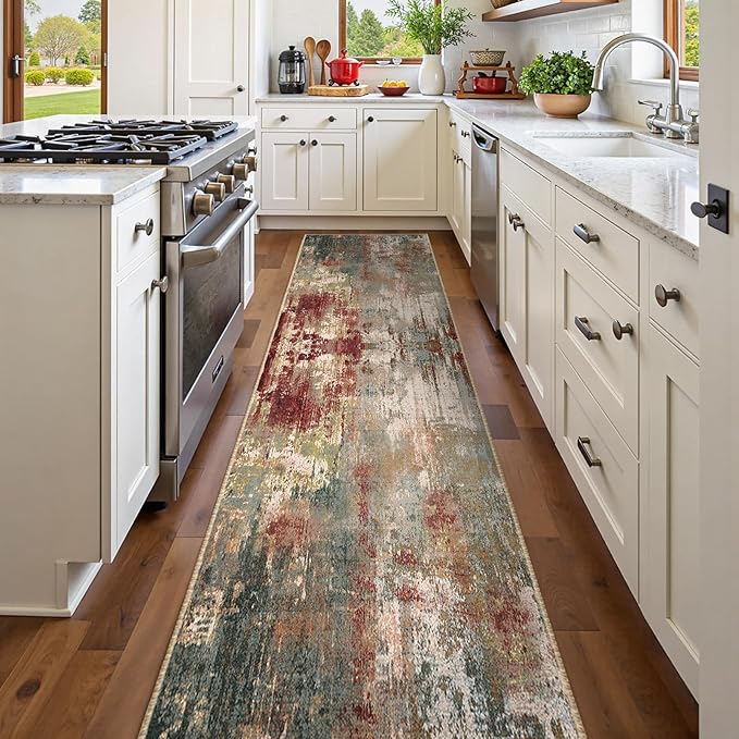 Washable Area Rugs 2'x10' Non-Slip Modern Abstract Soft for Living Room Entryway Bedroom Nursery, Print Pattern, Brown Rust Red Multi