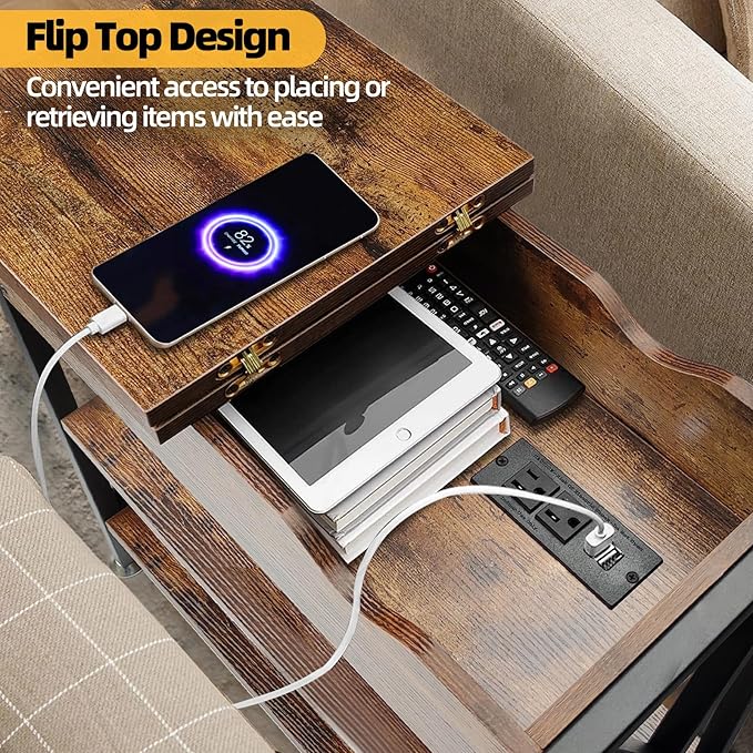 TooCust Flip Top End Table with Hidden Charging Station - 12" D×21" W×26" H Small Side Tables with Storage & Shelves, Compact Side Table for Small Spaces, Slim End Table with Charging Station, Brown