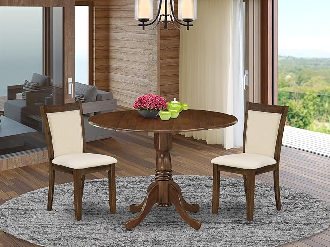 East West Furniture DLMZ3-AWA-32 3 Piece Kitchen Table Set for Small Spaces Consist of a Round Wooden Table with Dropleaf and 2 Upholstered Parson Chairs, 42x42 Inch, Antique Walnut