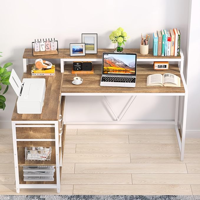 Tribesigns L Shaped Desk with Drawers and Monitor Stand, L Corner Desk with Storage Shelves, Beige Wooden PC Table for Samll Home Office