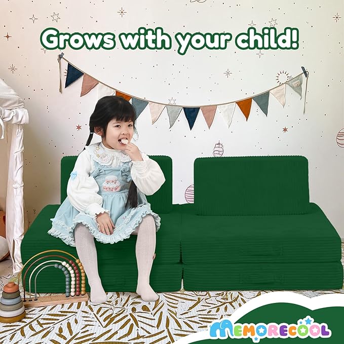 MeMoreCool Kids Couch for Playroom, Corduroy Convertible Toddler Couch, 8 Piece Modular Play Sofa, Foam Fort Building Set for Child Room Furniture, Green