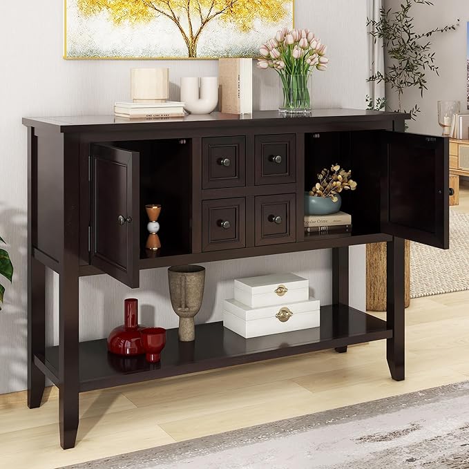 Merax Wood Farmhouse Buffet Table with Storage Shelf, 2 Drawers and Cabinets Buffet Coffee Bar Cabinet for Living Room Dinning Room Kitchen, Espresso