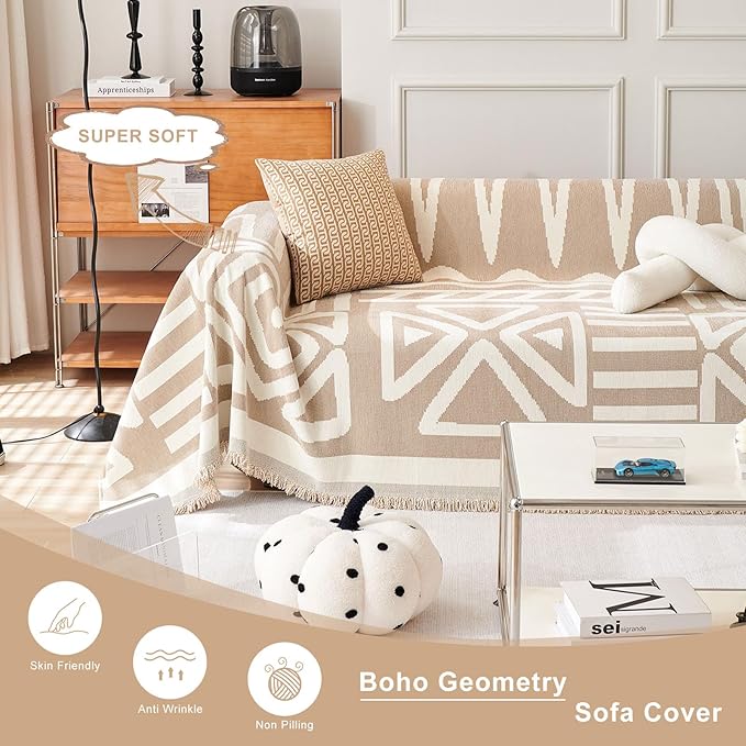 STACYPIK Boho Couch Cover Khaki Triangle Sofa Cover for Dog Cat Anti-Scratch Loveseat Cover Reversible Non Slip Couch Protector for 2 Cushion Couch Chenille Jacquard Couch Cover for Sectional-71X118IN
