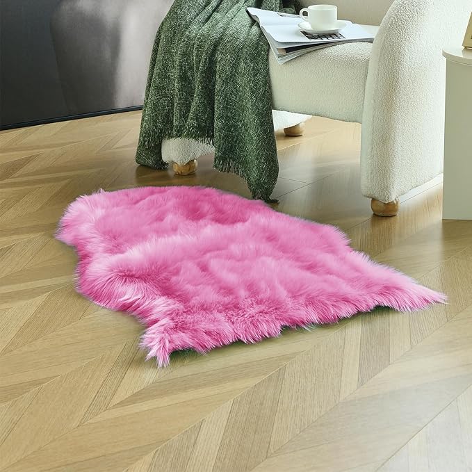 duduta Hot Pink Faux Sheepskin Throw Rug 2x3 ft, Fluffy Shag Girls Bedside Dorm Rug Fur Seat Chair Covers Washable