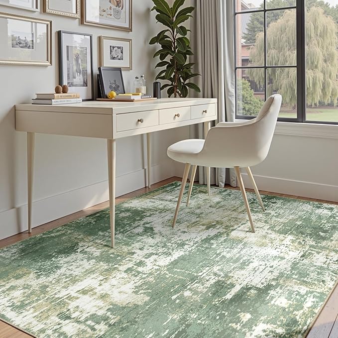 Washable Area Rugs 8'x10' Non-Slip Modern Abstract Soft for Living Room Entryway Bedroom Nursery, Print Pattern, Light Green/Yellow