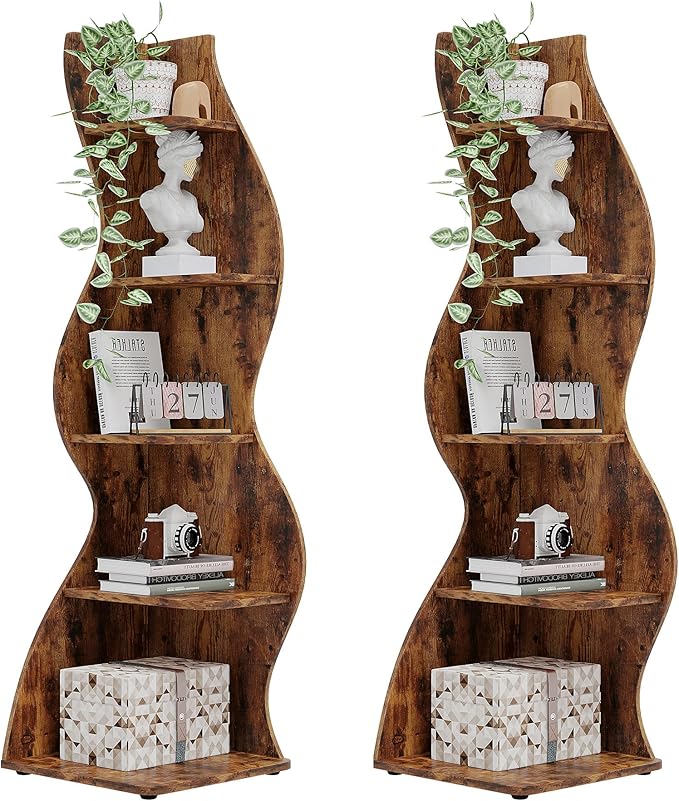 Tribesigns Corner Shelf, Rustic 5-Tier Wall Corner Bookshelf, Stylish Corner Small Bookcase Storage Rack Plant Stand with Unique Shape for Living Room, Home Office (2PCS, Brown)