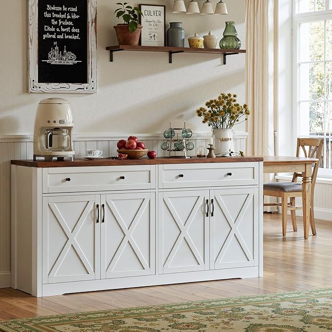 61'' Farmhouse Sideboard Buffet Cabinet with Storage, Large Kitchen Storage Cabinet with Barn Doors Drawers, Brown Coffee Bar Table for Dining Room Kitchen