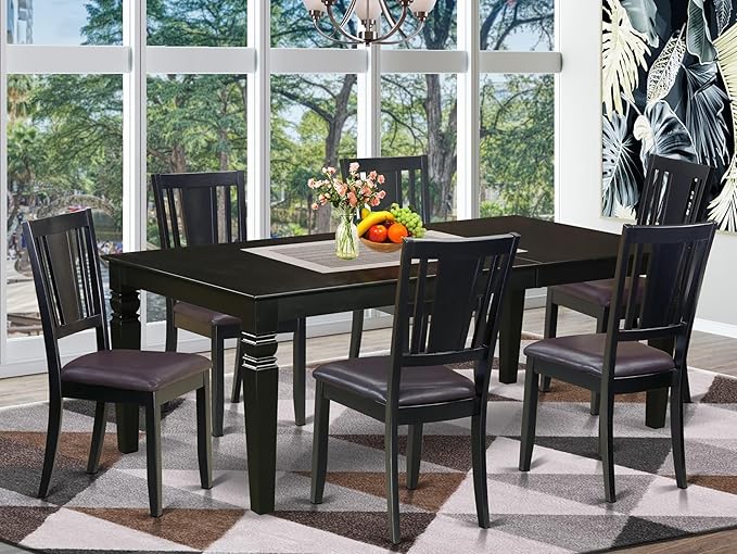 East West Furniture LGDU7-BLK-LC 7 Piece Modern Dining Table Set Consist of a Rectangle Wooden Table with Butterfly Leaf and 6 Faux Leather Dining Room Chairs, 42x84 Inch, Black