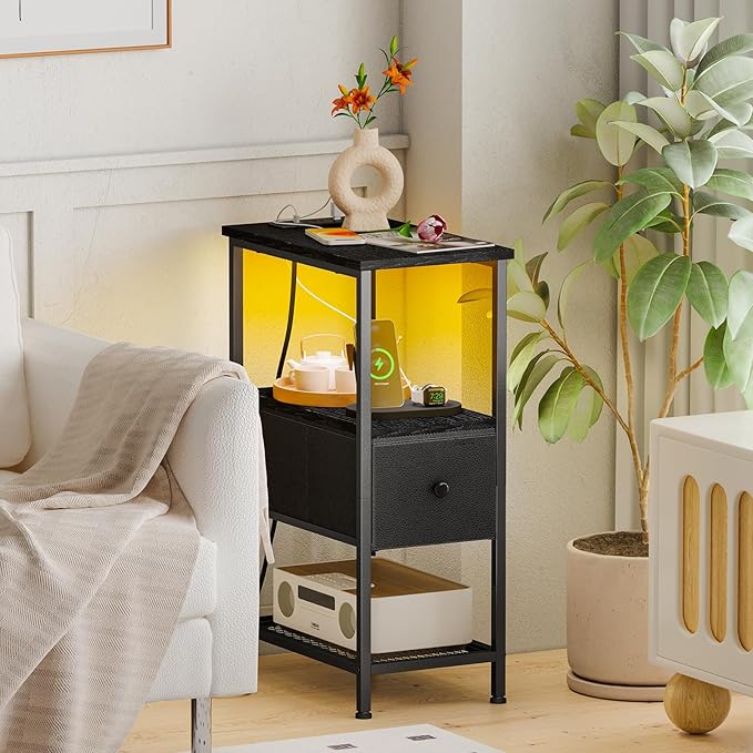 Fixwal Narrow Side Table with Charging Station and LED Light, Skinny Nightstand with 1 Fabric Drawer, Slim End Table for Bedroom, Dorm, Small Space, Black