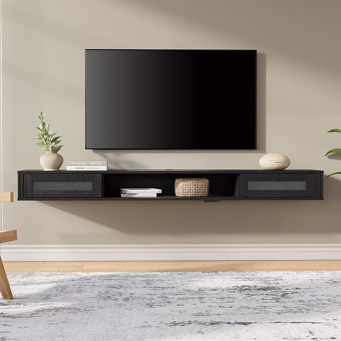 WAMPAT Floating TV Stand Shelf with Power Outlet, Mid Century Modern Wall Mount Shelf for TVs up to 80",Media Console TV Cabinet with 2 Rattan Doors