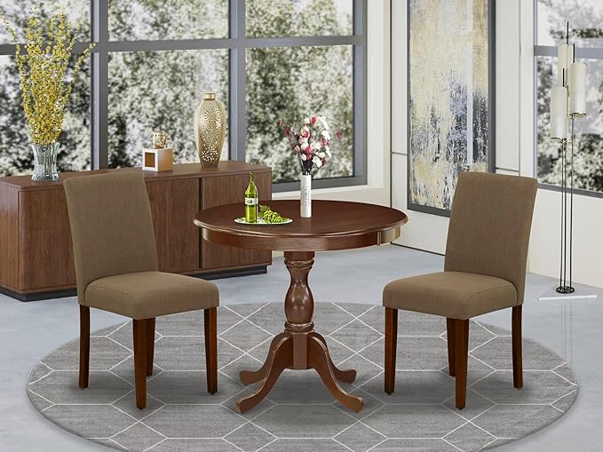 East West Furniture AMAB3-MAH-18 3 Piece Kitchen Table Set for Small Spaces Contains a Round Dining Table with Pedestal and 2 Coffee Linen Fabric Upholstered Chairs, 36x36 Inch, Mahogany