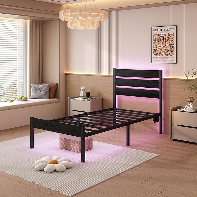 Twin Bed Frame with Headboard,Heavy Duty LED Bed Frame with USB Charging Station,Mattress Foundation-Under Bed Storage, No Box Spring Needed, Noise Free，Black