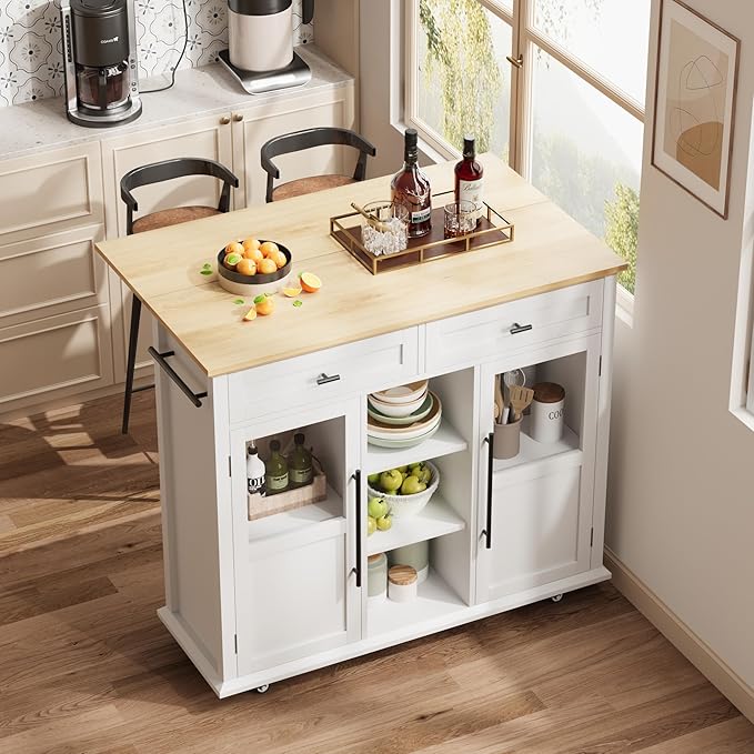 Mobile Modern Storage Island,Rolling Kitchen Island with Drop Leaf - Door Cabinet, Drawer, Bar Cart with Cabinet, Portable Cart Island Table for Kitchen,White