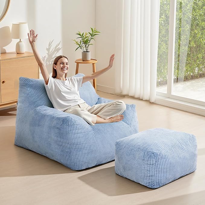 INMOZATA Bean Bag Chair for Adults, 3FT Beanbag Chairs with Ottoman Pre-Filled Fluffy Lazy Chair Corded Fabric Accent Chair for Bedroom Living Room Dorm (Light Blue)