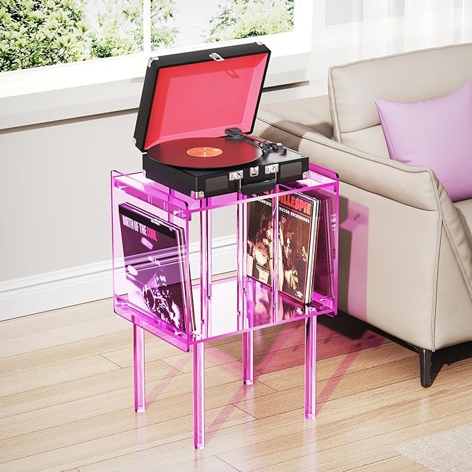 Acrylic Record Player Stand, with Vinyl Storage, Clear Acrylic Side Table, Pink (Pink)