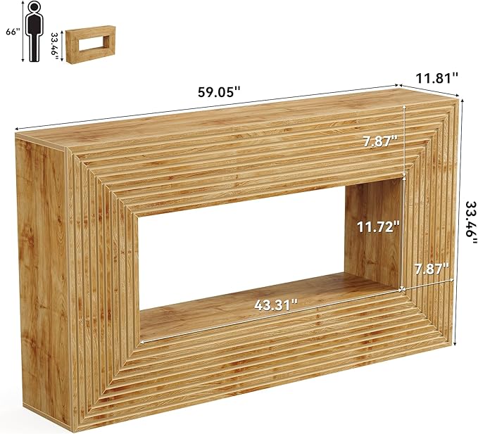 LITTLE TREE 59-Inch Console Table with Storage, 2-Tier Farmhouse Fluted Sofa Table Behind Couch, Large Narrow Entryway Furniture for Living Room, Foyer (Light Walnut)