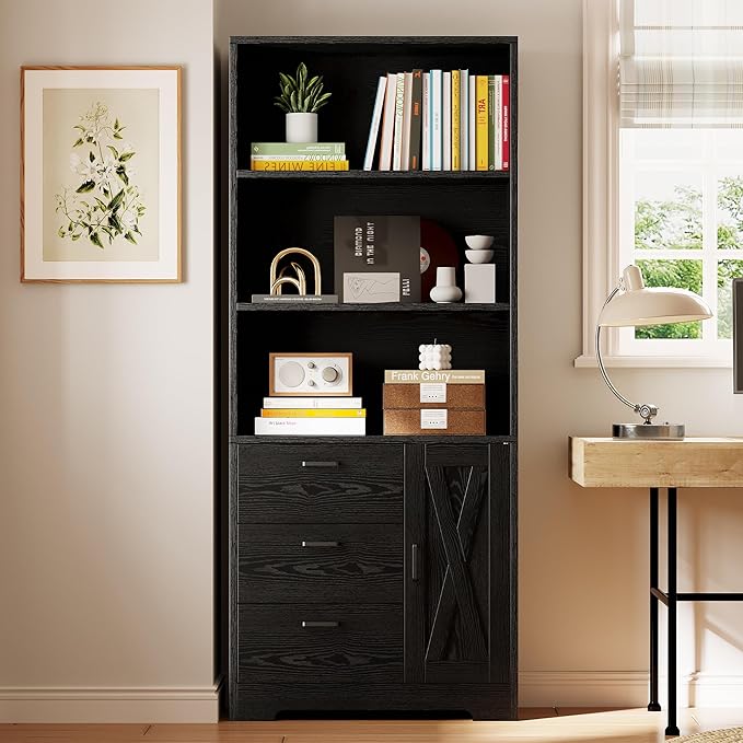 IRONCK Bookshelf with Door and 3 Drawers, 71in Tall Bookcase Shelf with 3-Tier Shelves, for Bedroom Living Room Entrance Hallway Home Office