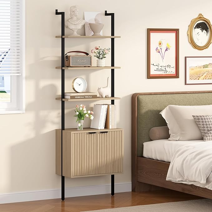 Yusong 73" Tall Bookshelf with Cabinet, Industrial Ladder Wall Mount Shelf Bookcase with Wood and Metal Frame, Plant Shelf Wall Storage Display for Living Room Bedroom, Wavy Light Ivory