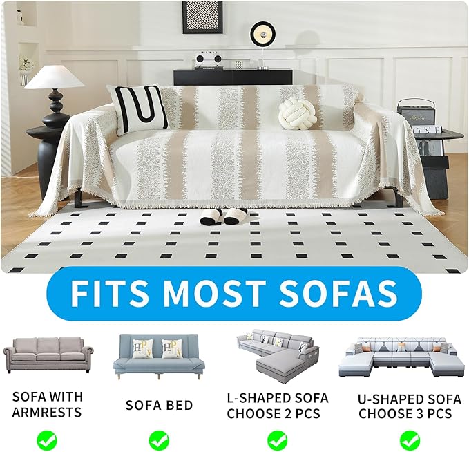 LUFEIJIASHI Boho Couch Covers for Sofa Non Slip Sofa Covers Washable Couch Covers for 3 Cushion Couch Sofa Pet Friendly Sectional Couch Cover Blanket Furniture Protector for Dogs (Khaki, 71"x150")