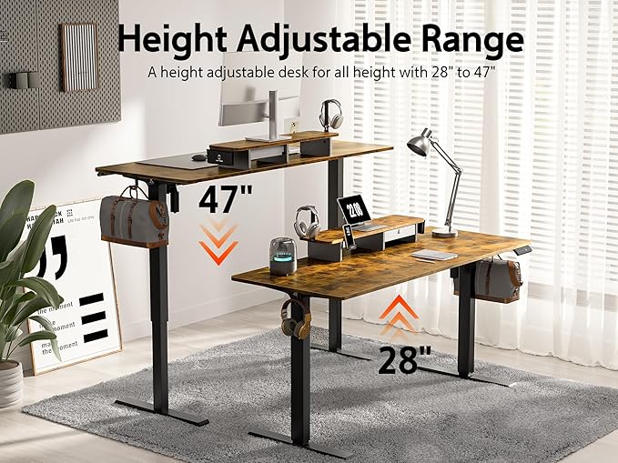 55x24 Inches Electric Standing Desk with Drawer and Monitor Stand, Height Adjustable Stand up Desk for Home Office, Ergonomic Sit to Stand Desk with Phone Holder, 3 Hooks, Rustic Brown
