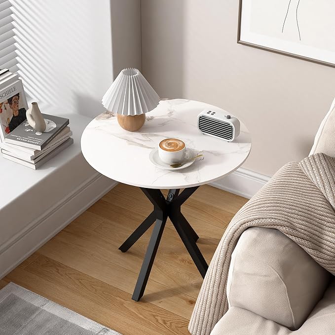Round Side Table Set of 1, Modern Stylish End Table with Faux Marble Top and Black Metal Legs,Durable Sofa Side Table for Living Room Bedroom