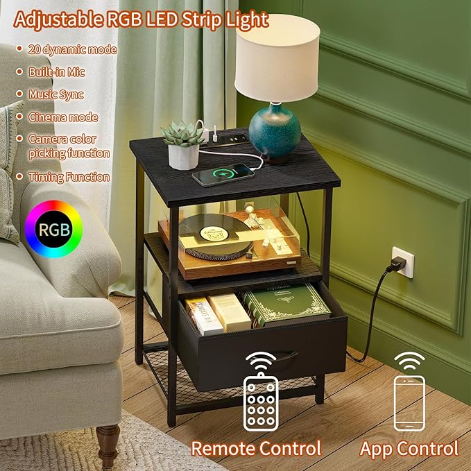 Fixwal Night Stand with Charging Station, LED Nightstand Side Table with Fabric Drawers PU Finish, End Tables Bedroom, Bedside Table, Black