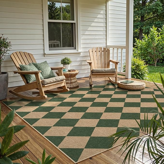 Lahome Checkered Outdoor Rug 5x7, Washable Rug for Living Room Office Indoor Outdoor Carpet, Farmhouse Non Slip Non Shedding Green Carpet for Dining Room Sunroom Patio Courtyard