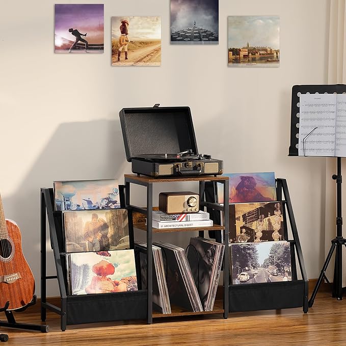 LELELINKY Record Player Stand with Vinyl Storage, 3 Tier Turntable Stand with Display Shelf Storage Up to 180 Albums,Brown End Table Records Cabinet for Media Stereo Speaker, Amplifiers, Magazines