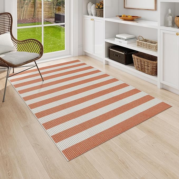 OJIA Outdoor Rug 4'x6', Cotton Woven Patio Rug Washable Rugs Front Porch Rug Outdoor Door Mat Entryway Rugs Indoor Area Rugs Floor Mat for Backyard/Entry/Kitchen/Bedroom/Living Room (Orange/White/Tan)