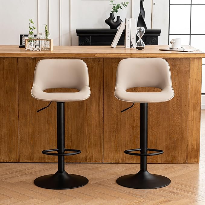 YOUNIKE Bar Stools Set of 2 Compact Modern Swivel Barstools, Adjustable Counter Height Bar Stools Faux Leather Upholstered Bar Chairs with Back for Kitchen Island, Khaki
