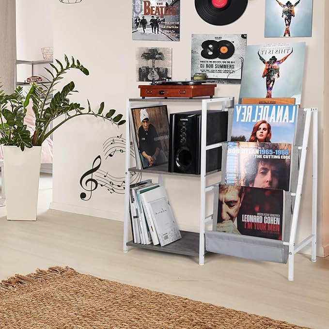 Record Player Stand, 3-Tier Vinyl Record Storage, Turntable Stand with Now Playing Holder, Vinyl Display for Living Room, Grey & White