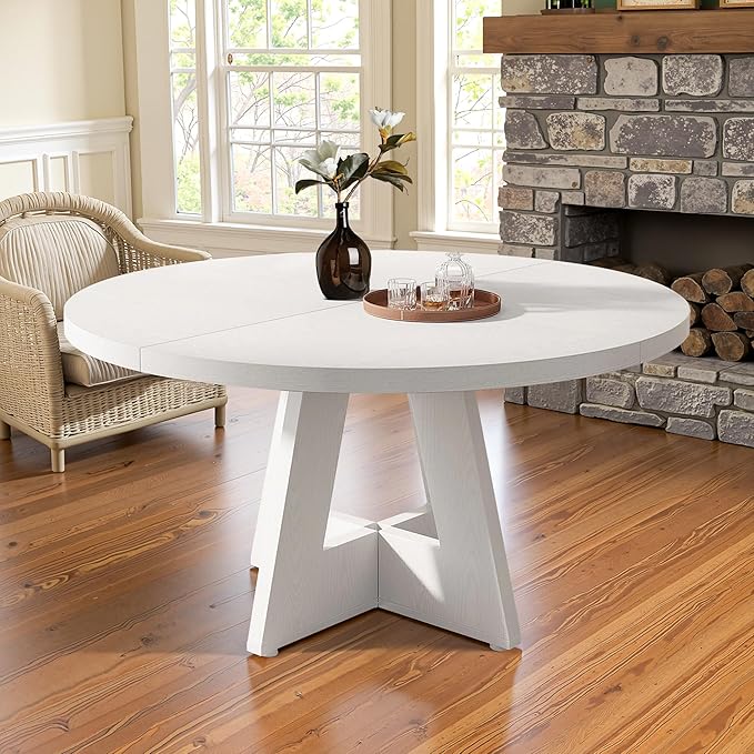Round Dining Table for 4, 47" Wooden Kitchen Dinner Table Rustic, Farmhouse Table for Dining Room, Living Room, White