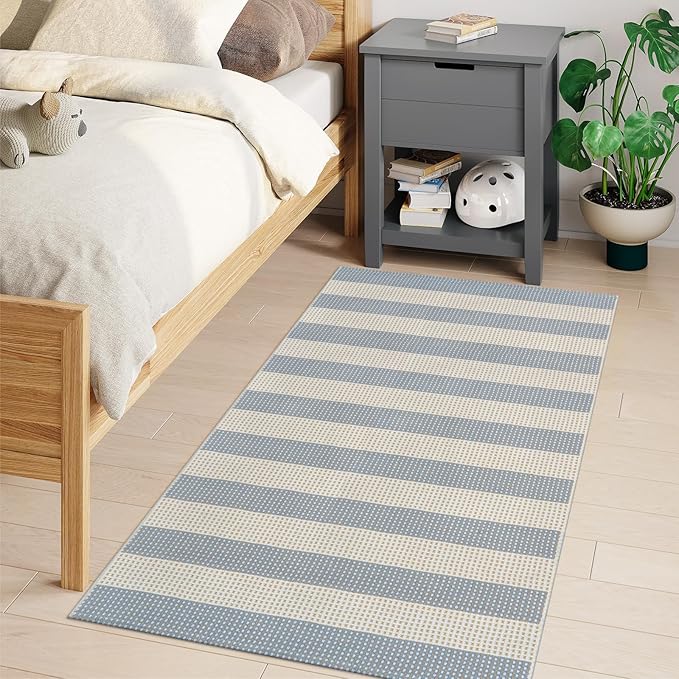 OJIA Washable Outdoor Rug 3'x5', Blue/White/Tan Outdoor Area Rug Entryway Rugs Indoor Door Mat Front Porch Rug Cotton Small Checkered Rug Floor Carpet for Entry/Patio/Bedroom/Living Room