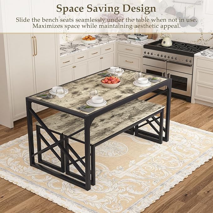 VECELO Kitchen Dining Table Set for 4, 55" Wood Rectangle Dinette with 2 Benches, Heavy-Duty Metal Frame for Small Space, Breakfast Nook, Grey