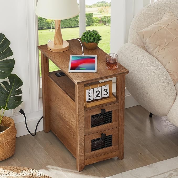 Farmhouse XXL End Table with Charging Station, Narrow Side Table with USB Ports and Outlets, Nightstand with 2 Drawers Storage, Bedside Tables for Living Room, Bedroom, Wooden Color