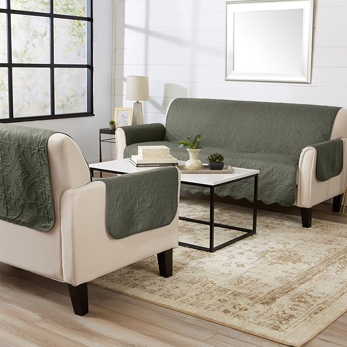 Great Bay Home Medallion Stitched Solid Furniture Protector Stain Resistant Durable Furniture Protector Elenor Collection (Loveseat, Sage Green/Light Gray)