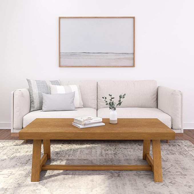 Plank+Beam Classic Rectangular Coffee Table, 54 Inch Farmhouse Coffee Table, Center Table, Small Living Space Tea Table, Pecan Wirebrush
