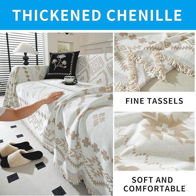 LUFEIJIASHI Boho Couch Covers for Sofa Non Slip Sofa Covers Washable Couch Covers for 3 Cushion Couch Sofa Pet Friendly Sectional Couch Cover Blanket Furniture Protector for Dogs (Khaki, 91"x118")