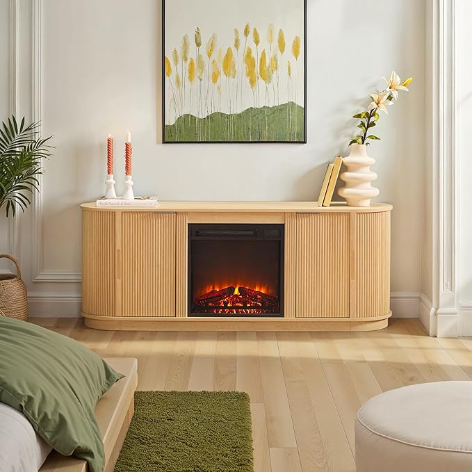 Walker Edison Chloe Reeded TV Stand with Fireplace Insert, 65 Inch, 60 inch, Coastal Oak