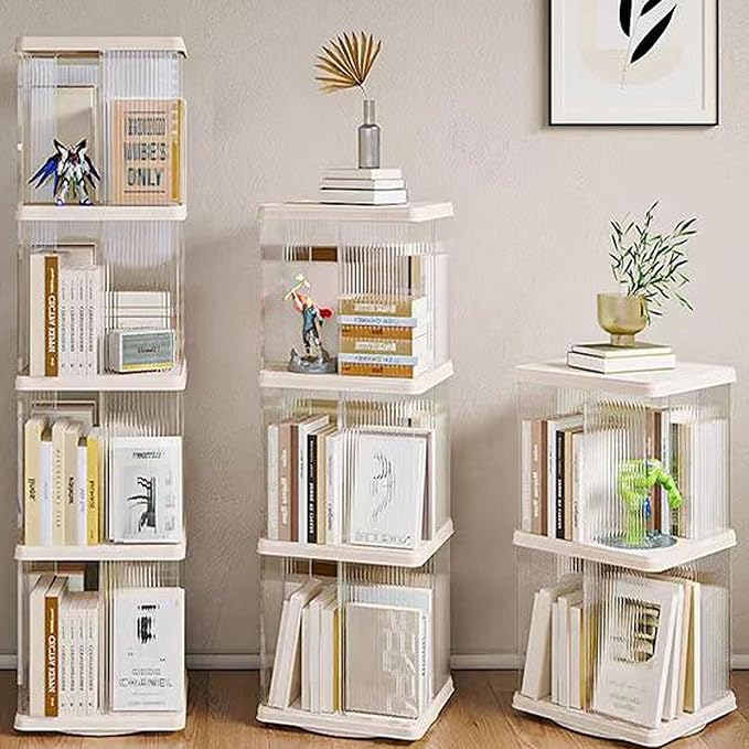 4 Tier Rotating Bookshelf Tower,360 Display Rotating Bookshelf,53.4 inch High Small Space Revolving Bookcase, Home Office Spinning Bookshelf Tower(Rectangular, White)
